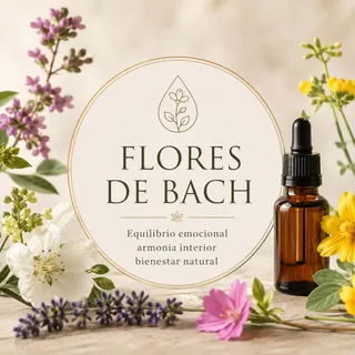 Flores silvestres alrededor de un medallón que dice «Flores de Bach · equilibrio emocional, armonía interior, bienestar natural», junto a un frasco cuentagotas